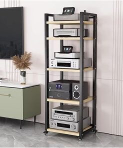 Étagère audio – Armoire multimédia réglable avec roulettes pour le salon – Rangement de composants stéréo peu encombrant – Idéal pour les petits espaces et le divertissement à domicile