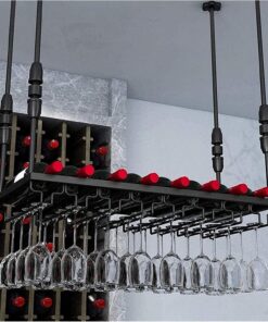 MObyat Casier à vin Suspendu au Plafond avec Support en Verre, pour Les Amateurs de vin, Meubles de Bar et Porte-Bouteilles de vin, Hauteur réglable, Support de Bouteille de vin Suspendu