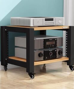 Rack Audio Mobile Multifonctionnel, Meuble Hi Fi Avec Étagères Réglables, Meuble Audio Vidéo Ouvert, Meuble Rack Audio, Cadre En Métal Et Bois, for Les Coins Et Les Petits Espaces(Black+wood