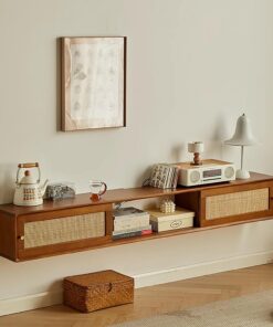 Générique Étagères flottantes avec Porte, Meuble TV Mural en rotin tressé, Console multimédia Murale pour Centre de Divertissement, Grand Banc de Rangement TV sous TV, adapté au Salon (Naturel, 120 x
