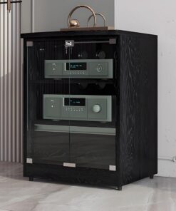 Meuble Rack Audio AV, Meuble HiFi multicouche sur pied, avec porte en verre trempé, Meuble stéréo multimédia, for la maison/le bureau/l'audio/la vidéo/le DJ/le théâtre(Nero,23.6" x 19.6" x29.5"