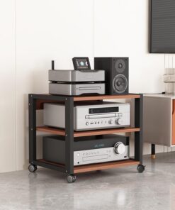 Générique Support Audio Mobile à 3 Niveaux pour Lecteur multimédia CD, Meuble TV d'angle sur Pied et Support stéréo avec étagère en Bois et roulettes pour la Maison/Bureau/théâtre (C)