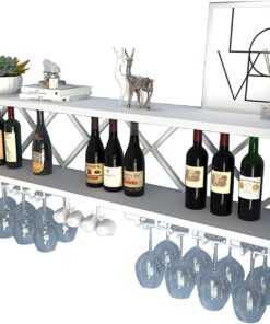 Étagère Murale Flottante avec Support à Verres à vin Suspendu, présentoir et Rangement pour Bouteilles d'alcool pour Bar et Salle à Manger, Armoire à Liqueur Murale de Couleur Blanche