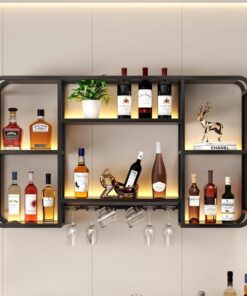 Étagères flottantes pour Bar avec Porte-Verres, casier à vin Rond Industriel Suspendu, casier à vin Mural, casier à vin pour Bar, café, Cuisine, Noir (Dimensions : 100 x 20 x 70 cm)