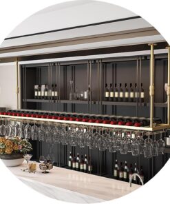 Casier à vin inversé avec Perche, casier à vin de Plafond, casier à vin Rond Industriel Suspendu avec Support pour Verre à vin, étagères flottantes pour Bar, café, Cuisine, doré (Dimensions