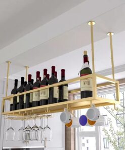 Porte-Bouteilles de vin Suspendu en métal pour Bar à Domicile, étagères de Rangement flottantes Modernes avec Support en Verre, étagère de Plafond Murale pour Tasses à vin, Or 60 c