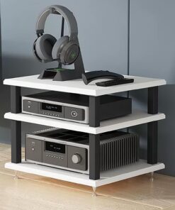 Meuble Hi Fi Ouvert, Meuble Rack Audio avec Clous Amortisseurs, Meuble Stéréo avec Cadre en Acier, Meuble de Rangement Vidéo, pour Composants Stéréo de Divertissement(Wit,3 tier 40x35x33CM)