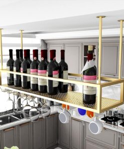 Casier à vin Suspendu doré, Porte-Verre à vin Porte-Bouteilles à l'envers Porte-Verre à vin en Fer forgé Étagère de décoration de Plafond pour Bar Restaurant Cuisine - Cadre en Fer