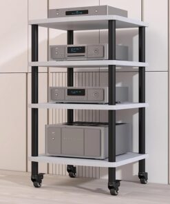 Audio/vidéo Chariot À Roulettes Pour Supports Audiovisuels Mobiles,meuble chaine hifi meubles pour,Support Multimédia Avec Roulettes,meuble CD porte-disques vinyle,étagère d'amplificateur réglable(Whi