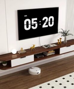 Meuble TV Flottant, Console Multimédia Murale avec 2 Tiroirs | Convient aux téléviseurs de 43 à 98 pouces, Coins arrondis, bois massif, rangement ouvert(Walnut,180CM/70.8IN)