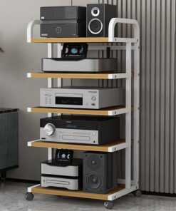 Meuble HiFi à 5 Etagères,Meuble Multimedia,Meuble Bas,Meuble Tourne Disque vinyle,Meuble Imprimante,Meubles pour Audio/Vidéo,Support en Acier,pour DVD,Console de jeu,Amplificateurs,Médias(White frame+