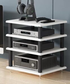 Meuble Hi Fi Ouvert, Meuble Rack Audio avec Clous Amortisseurs, Meuble Stéréo avec Cadre en Acier, Meuble de Rangement Vidéo, pour Composants Stéréo de Divertissement(Wit,4 tier 40x35x45CM)