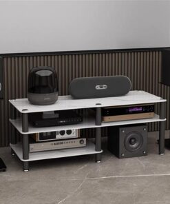 Rack Audio À 2 Niveaux, Meuble Hi FI for La Maison, Meuble Audio Vidéo avec Grand Espace, Meuble Rack Audio avec Plateau en Ardoise, avec Coussinets De Pieds Réglables(Wit)