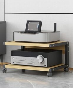 Meuble Hifi,Meubles Multimedia AV avec Roulettes,étagères audio-vidéo à 2 niveaux,Petit Meuble Rangement en Bois,Supports Stéréo, Meuble Imprimante,pour Salon,Salle de jeux,Bureau(Wood color,50x40x30c