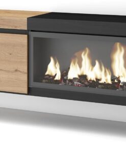 Skraut Home | Meuble TV | Banc Télé | Grand Espace de Rangement | 210 | pour Les TV jusqu'à 80" | Cheminée électrique XXL | Suspendu, Mural | Style Moderne | Chêne et Noir
