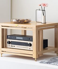 Rack Audio À 2 Niveaux, Meuble Hi FI AV en Bois Massif, 60 × 50 × 43,5 CM, Meuble Stéréo avec Clous Amortisseurs, Aucune Installation Requise, Meuble Audio Vidéo Ouverte