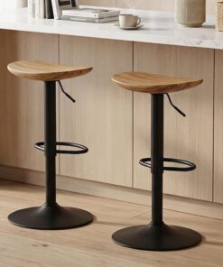 Kidol & Shellder Lot de 2 Tabourets de Bar en Bois, Réglables en Hauteur 59–83 cm, Pivotants 360°, sans Dossier avec Repose-Pieds, Style Industriel Cuisine