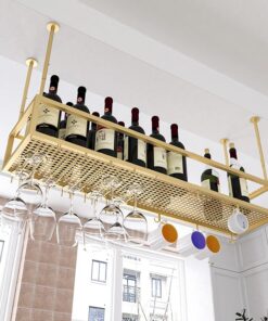 Casier à vin de Plafond et Support pour Verre à vin, casier à vin en métal avec Support pour Verre, Support réglable pour Bouteille de vin ajouré doré Suspendu pour Bars, restauran