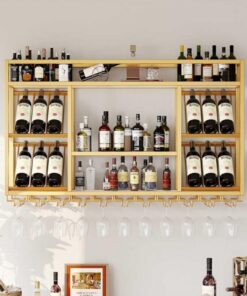 Étagère à vin murale à 3 niveaux de style industriel avec porte-verres - Étagère flottante en métal pour bar et maison - Étagère de rangement de grande capacité pour bouteilles - Organisateu