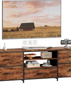 Meuble TV, console TV avec 5 tiroirs de rangement, centre de divertissement avec étagère ouverte pour salon, chambre à coucher (marron)