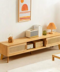 Meuble TV en Rotin, Banc TV, Support TV, Console Multimédia avec Porte Coulissante, Bois Massif Nanzhu, pour Salon, Chambre, Bureau(140cm/55.1in)