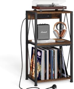 HFHOME Étagère de rangement pour disques vinyles avec station de charge, table d'appoint à 3 niveaux pour salon, meuble avec rangement, support pour platine dans le salon, la chambre, la salle de