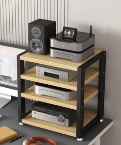 Meuble Hifi,Meubles pour Audio/Vidéo,Support d’Imprimante à 3/4 Niveaux,Armoire de Stockage Multimédia,Meuble pour Scanner,Étagère À Disques en Bois,pour Lecteurs DVD/Consoles de Jeux(Black+Light Waln