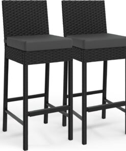 Tabourets De Bar d'Extérieur En Rotin - Lot De 2 Avec Coussin Moelleux, Repose-Pieds Ergonomique, Sans Accoudoirs, Hauteur Comptoir, Idéaux Pour Terrasse, Jardin, Piscine, Cour, Parfaits Pour Le Salon