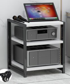 Meuble Hifi à 3/4/5/6 niveaux Support Multimedia AV Imprimante DVD Étagère Audio-vidéo avec roulettes Meubles Stéréo Étagère pour Console de Jeu avec étagères réglables Supports d'angle pour salon(Wit