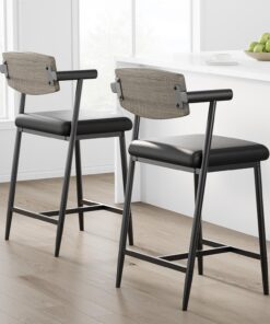 Garvee Lot De 1 Tabourets De Bar avec Dossier Et Accoudoirs, Hauteur Comptoir, Assise Large Et Rembourrée, Piétement Métal Et Repose-Pieds, pour Îlot De Cuisine Et Bar, Noir Rustique