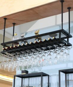 Étagère à vin Industrielle Suspendue avec Support pour Verres, Support de Rangement pour Bouteilles de vin et Verres à Pied, étagère d'exposition pour Plantes et Fleurs, pour Bar, Cuisine, r