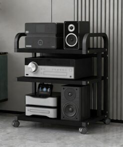 Support de Console à 3 Niveaux, Tour à roulettes, Support Hi-FI et étagère Ouverte pour Salle de Jeux et Rangement de Meubles