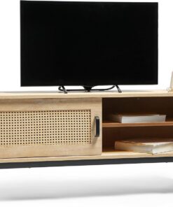 XJBTBA Meuble TV Effet Rotin - Meuble TV Effet Bois Clair - pour TV jusqu'à 55" - Meuble de Divertissement Style Scandi, Placard de Rangement 2 Éères Ouvertes - pour Salon & Lounge -