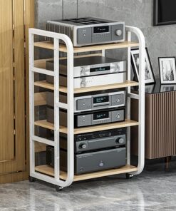Rack Audio Mobile, Meuble Hi FI avec Hauteur Réglable, Meuble Rack Audio en Bois, Meuble Audio Vidéo for Bureau À Domicile, Support De Stockage De Tour Audio for Le Divertissement(4-Tier)