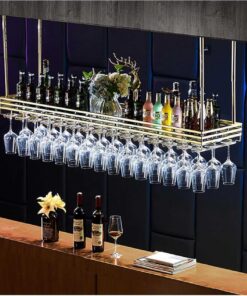 Porte-Bouteilles de vin Industriel Suspendu avec étagères, Support de Verre à vin réglable en métal pour Bar de Plafond - Support à vin Mural en Noir, Or et Blanc