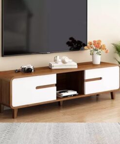 Meuble TV, Banc TV, Support TV avec Pieds en Bois Massif, Console Multimédia, pour Salon Ou Chambre À Coucher(Walnut White,140cm/55.1in)