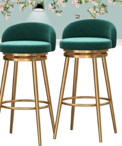 Chaises de Bar Velours Ensemble de 2, Tabouret pour Comptoir de Cuisine avec Coussin Souple et Repose-Pieds, Tabourets de Bar Metal 65 cm