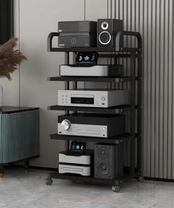 Support stéréo moderne avec roulettes, étagère audio-vidéo, support multimédia AV, armoire stéréo en bois, tour de support audio pour tourne-disque, pour salle d'enregistrement de jeu (noir,