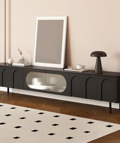 Meuble TV, Moderne Console-multimédia, Banc TV avec 2 Tiroirs et 2 Portes Vitrées, Table TV Noire avec Rangement, pour Salon, Chambre À Coucher
