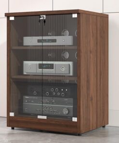 2/3 Niveaux Meuble Multimédia AV avec Étagère Réglable, Support Audio Multimédia en Bois avec Portes en Verre Trempé, Meuble Stéréo Stand Médiatique avec Gestion des Câbles(Brown,3-Tier)