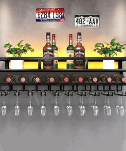 Casier à vin Mural, Support de Bouteille de vin et de Verre inversé en métal Industriel, étagères flottantes pour Bar, Organisateur de Bouteilles de vin, Support à gobelet Suspendu