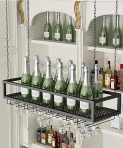 Étagère à vin noire à l'envers avec support pour verres à pied, étagère à vin de plafond, étagères flottantes pour bar, étagère de rangement pour cuisine, salle à manger, bar (dimensions : 1