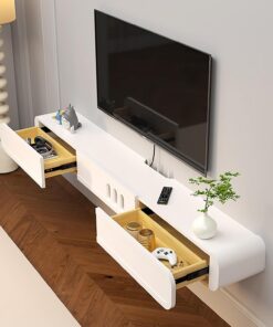 Meuble TV Mural avec Trous de Fil Réservés, Étagère Murale Flottante pour TV, Console Multimédia Audiovisuelle Moderne pour Chambre a Coucher, Salon, Salle Multimédia, Salle de Jeux