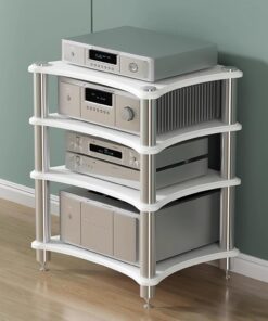 Meuble Audio à 4 Niveaux en Bois Blanc - Support pour Platine Vinyle stéréo et appareils multimédias AV - Rangement pour équipement Audio-vidéo Domestique - Coins arrondis - Meuble Moderne p