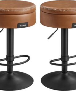 VASAGLE EKHO Collection - Tabouret de Bar Pivotant à 360°, Lot de 2, Hauteur Réglable, avec Rangement, PU avec Coutures, Style Moderne Mi-siècle, pour Cuisine, Bar, Montage Facile, Marron Caramel