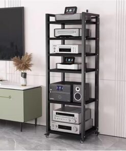 Étagère audio avec étagère réglable en hauteur et roulettes – Pour salle de séjour, divertissement, composants stéréo pour petits espaces