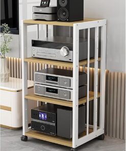 Support Audio, Support multimédia, Tour de Support Audio, Tour de Support Audio Robuste avec étagères en Hauteur, Support Audio sur Pied avec Roues universelles, Facile à Assembler (Bois d'o