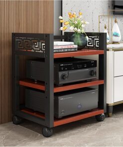 Support multimédia AV à 3 niveaux, étagère d'angle mobile en bois, armoire de composants audio/vidéo, support stéréo, tour audio et centre multimédia, parfait pour la maison/bureau/DJ/théâtr