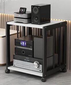 Meuble Hi FI AV, Meuble Rack Audio avec Étagères Réglables, Meuble Stéréo Mobile, Structure en Acier Stable, pour Lecteur DVD, Projecteur, Accessoires TV(Black+White,2 Tier 50x40x49CM)