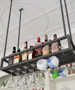 Support de Verre à vin Noir à Suspendre au Plafond, Support de Bouteille de vin, étagère de Rangement en Fer pour Bar de Cuisine, étagères de Rangement flottantes en métal à fixati